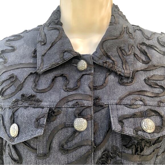Analogy Black Trim Classic Denim Jacket Top Stitching Detail Silver Tone Buttons - Picture 3 of 16